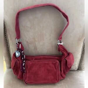 Free People Siren Leather Suede Garnet Red Shoulder Bag with Shyanne Bag Charm